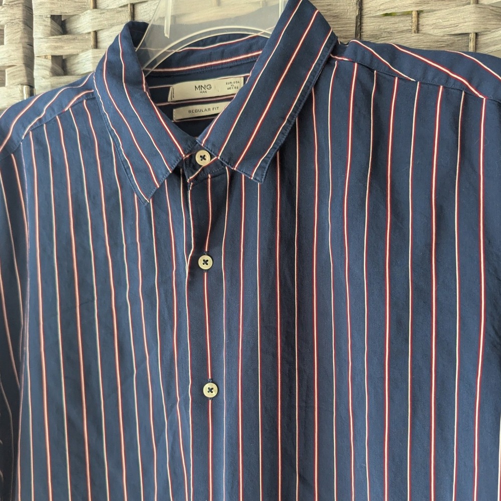 MNG Mango Man Shirt Navy Red White Striped Regular Fit Mens XL Americana Retro